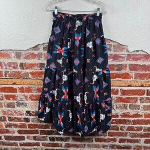 Vintage America America Skirt Sz Medium Black Tiered Midi Aztec Western USA 90s